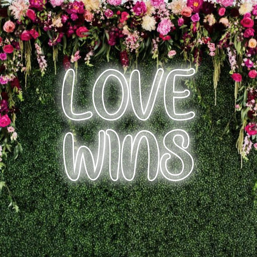 Lumière LED personnalisée qui signifie « Love Wins », mélangeant une lueur artistique et un décor moderne pour un impact personnalisé.