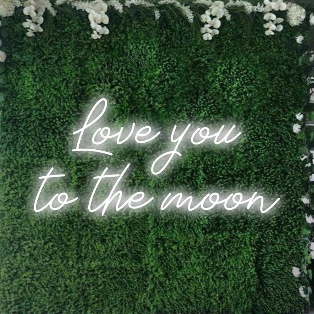 Custom-made neon sign with Love You To The Moon text in glowing LED, ideal for personalized neon quote decor.