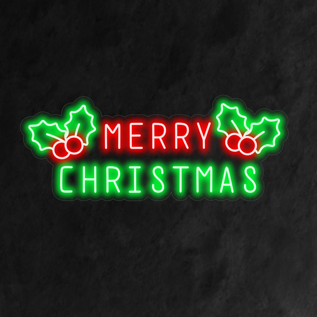 "Merry Christmas with Holly Berry Neon Sign" er en festlig og charmerende tilføjelse til dit interiør med juletema. Et neonlys, der inkorporerer det klassiske symbol på kristtornbær.