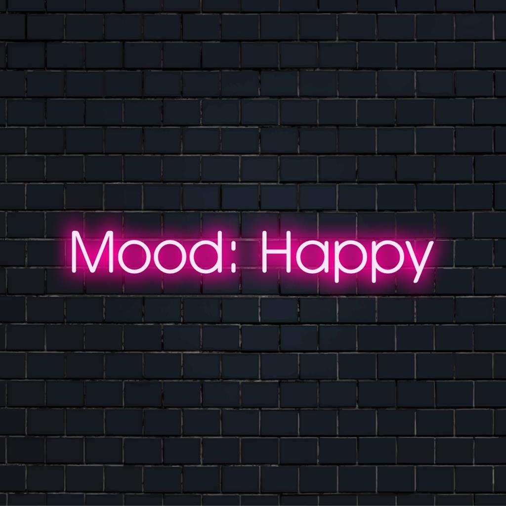Semn neon cu LED personalizat care afișează „Mood Happy” în culori luminoase și vibrante, perfect pentru a vă îmbunătăți spațiul.