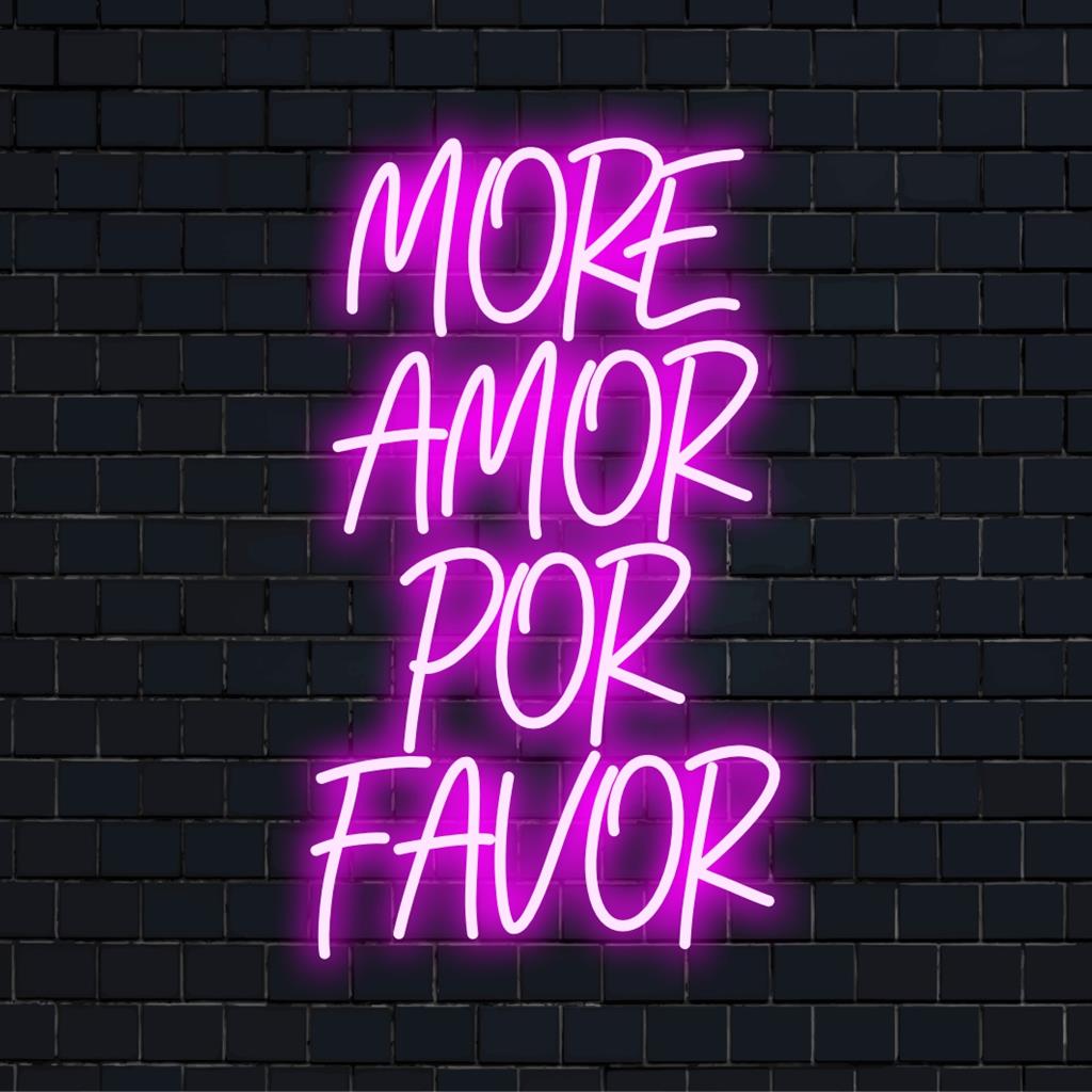 Προσαρμοσμένη πινακίδα νέον LED που εμφανίζει More Amor Por Favor σε κομψό σενάριο. ιδανικό για εξατομικευμένη διακόσμηση τοίχων.