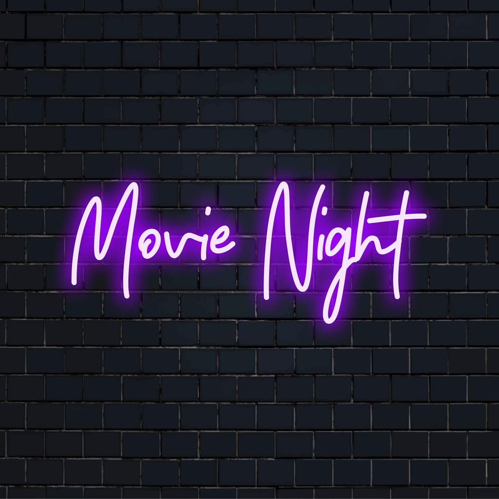 Custom LED neon sign stating Movie Night in bright neon, perfect for home theater decor. Ideal neon wall art for film enthusiasts.