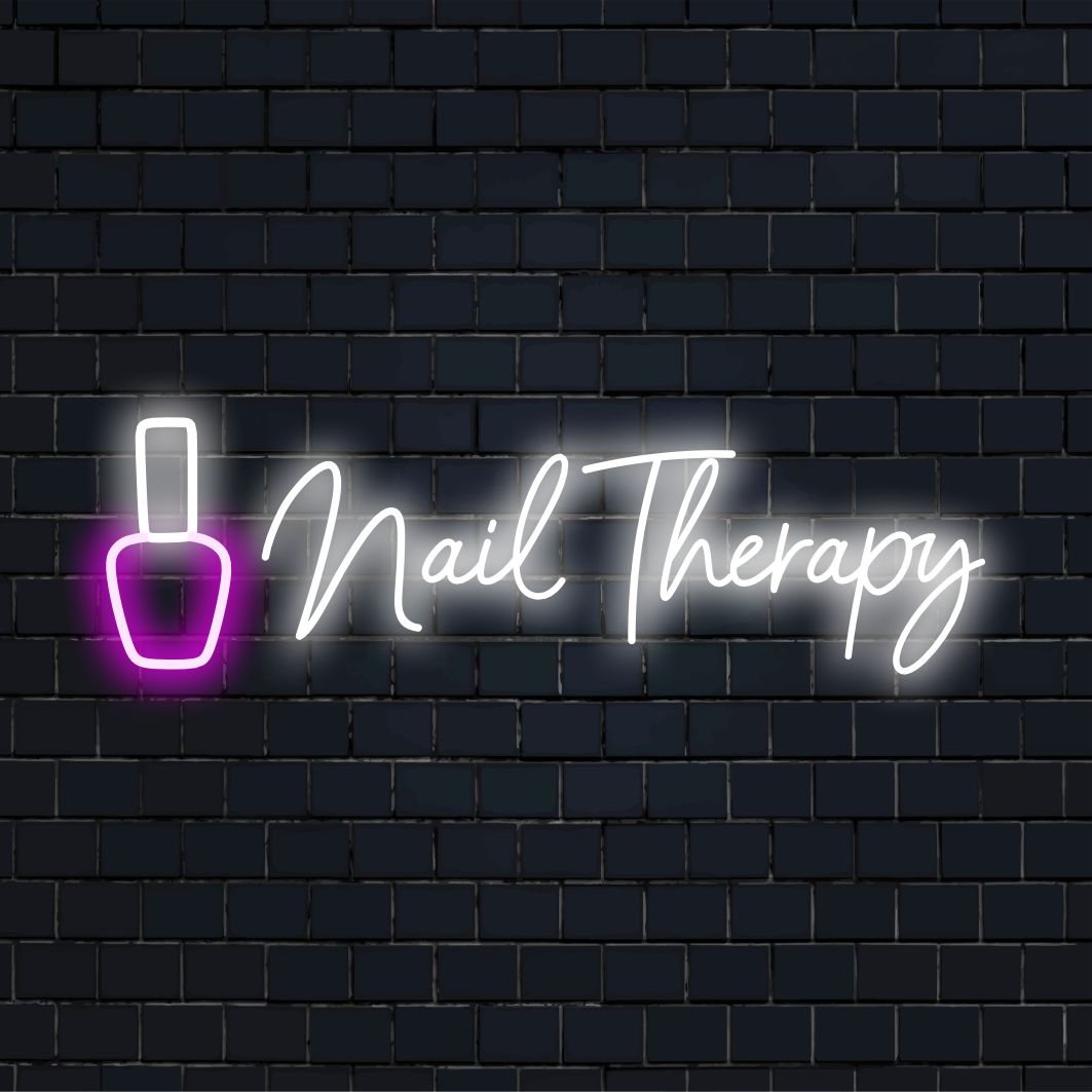 Προσαρμοσμένη φωτεινή επιγραφή LED Nail Therapy σε ζωντανά χρώματα, ιδανική για διακόσμηση σαλονιού και εξατομικευμένη ατμόσφαιρα νέον.