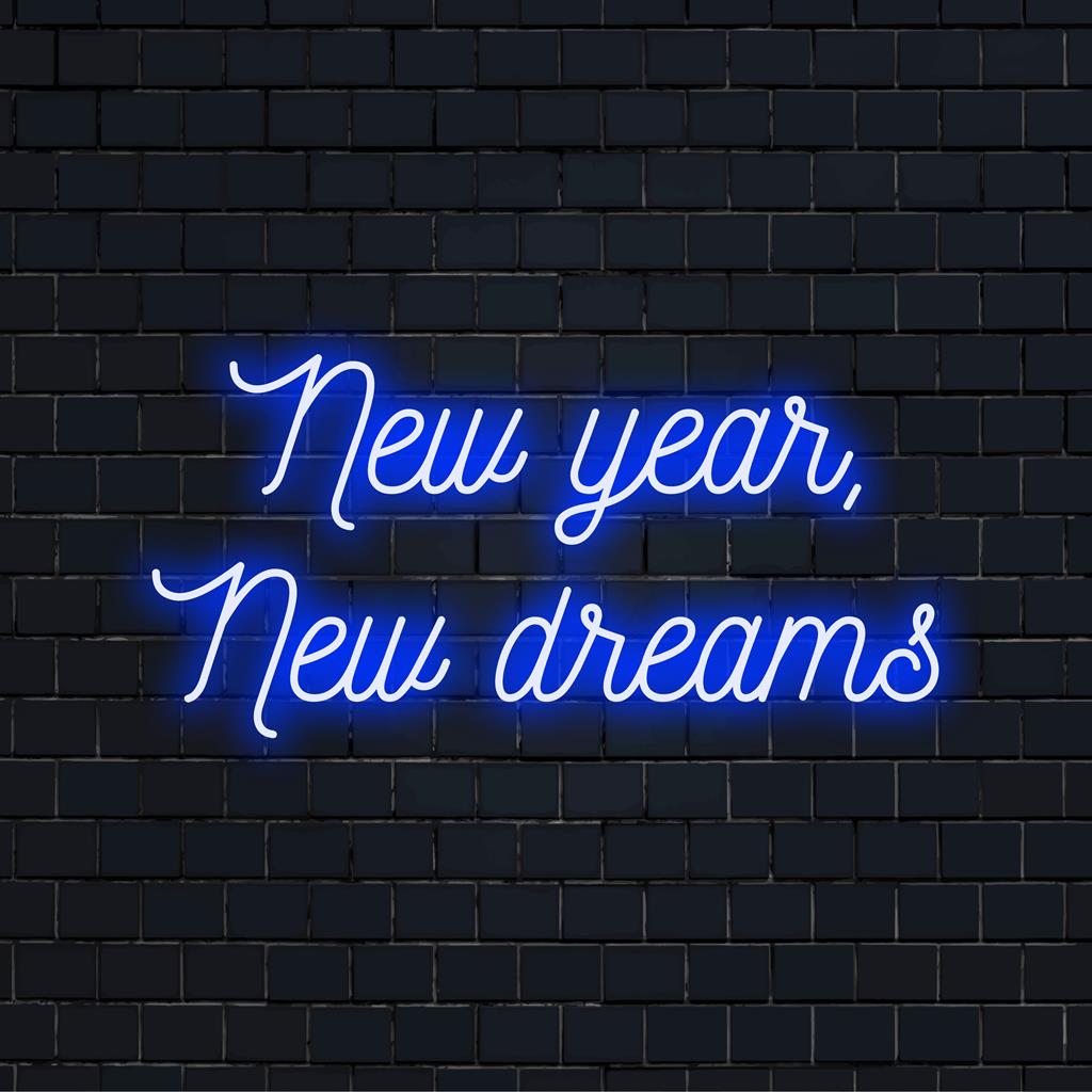 Elav kohandatud LED-neoonsilt "Uus aasta, uued unistused", mis sobib ideaalselt optimismi ja moodsa sisekujunduse lisamiseks igasse ruumi.