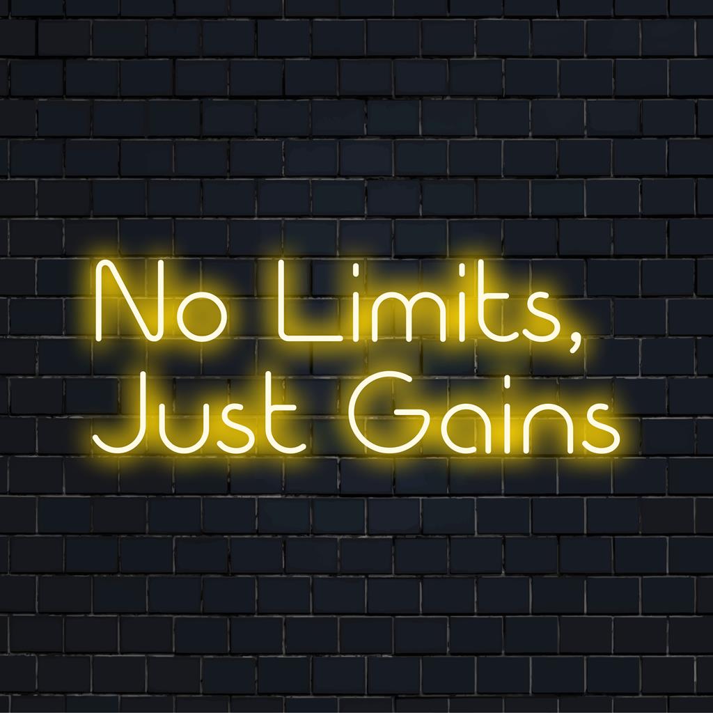 Custom LED neon sign featuring No Limits, Just Gains; vibrant glow perfect for motivational decor or personal gym statements.