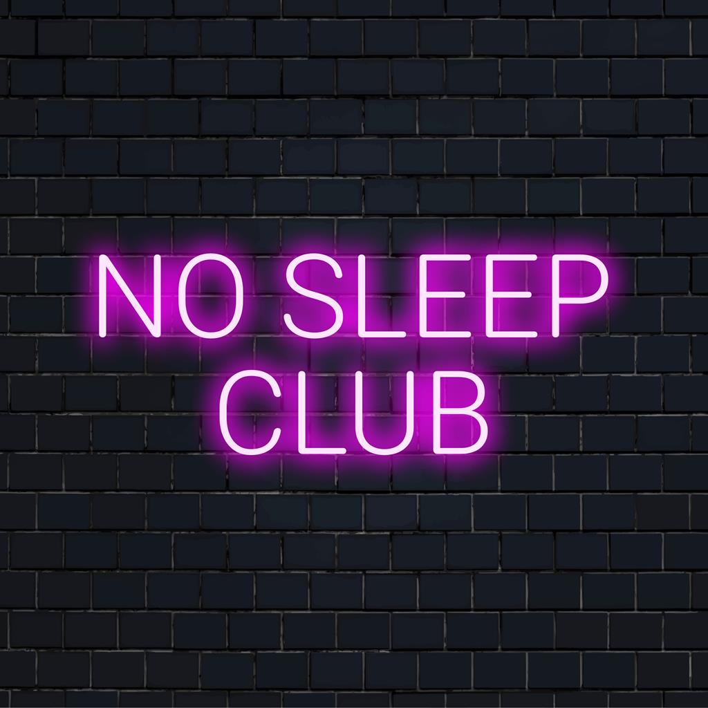 Πινακίδα νέον LED με τη φράση No Sleep Club σε έντονα, εντυπωσιακά νέον, ιδανική για ζωντανή εσωτερική διακόσμηση.