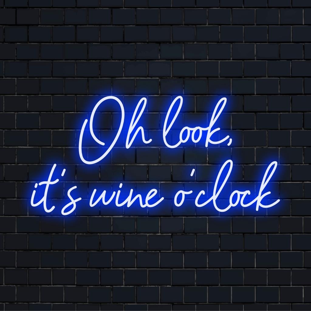 Vibrant custom LED neon sign reading Oh Look It's Wine O'Clock; perfect for decor with bold, glowing neon art.