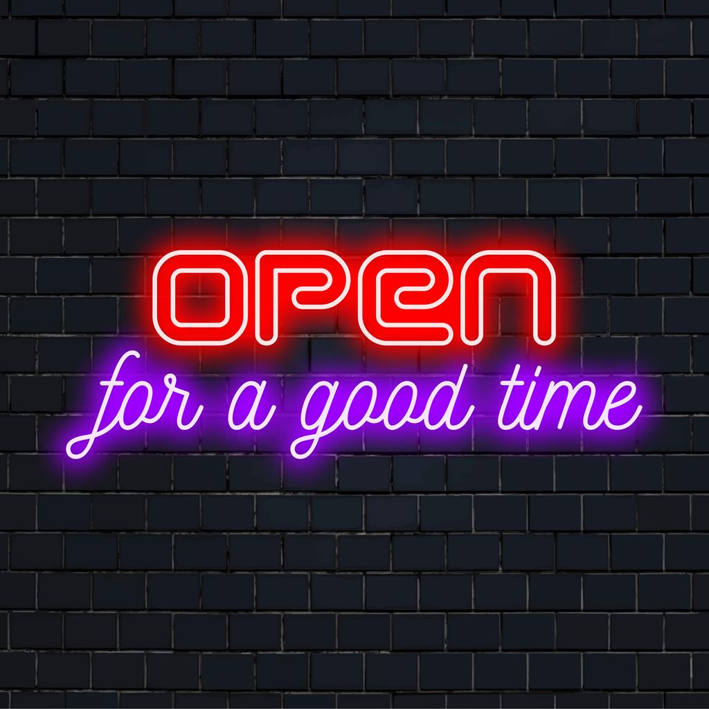 Vibrant Open For A Good Time LED neon sign; perfect for bars or homes, adds a playful glow and inviting atmosphere.