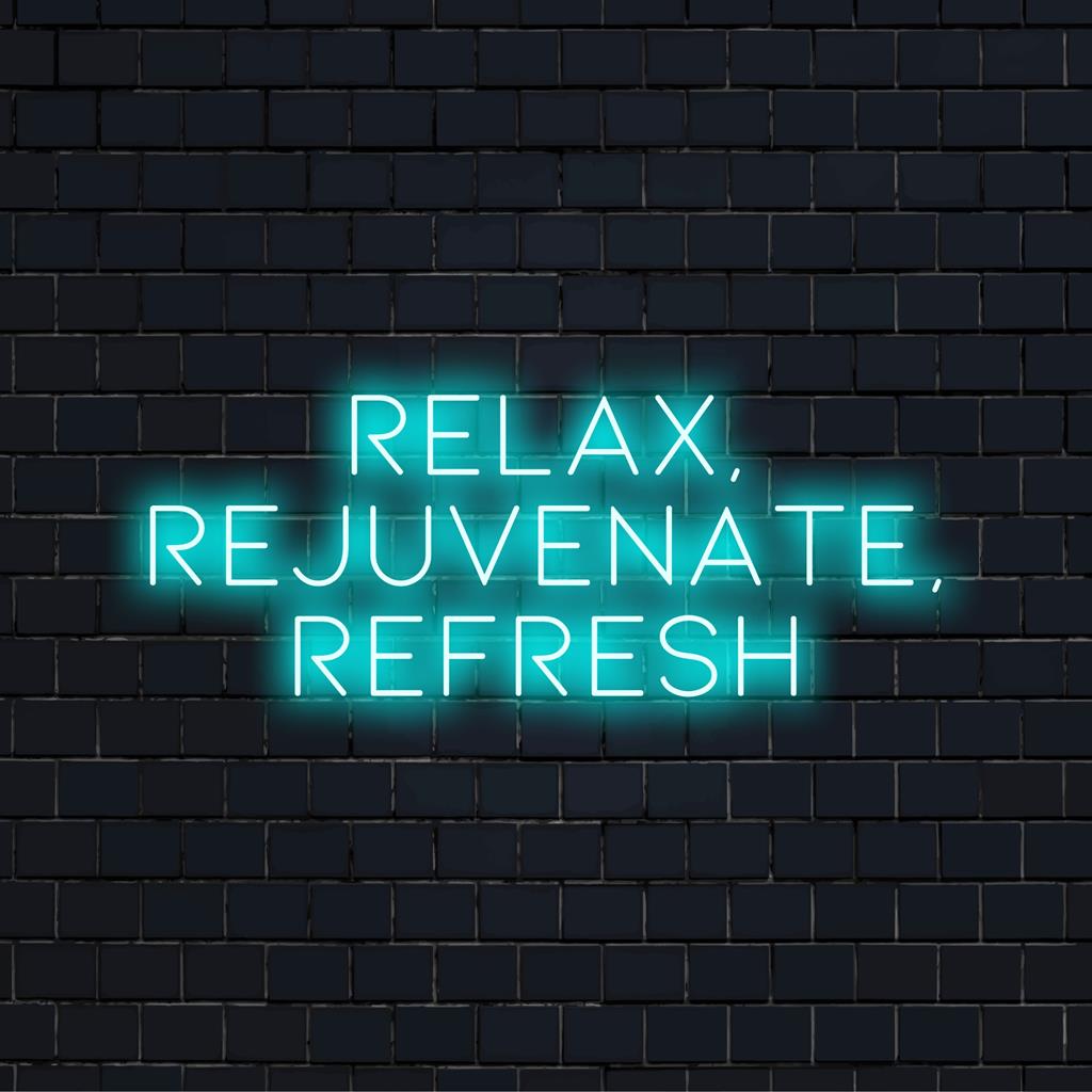 Insegna al neon a LED personalizzata con la scritta Relax Rejuvenate Refresh, perfetta per decorazioni murali vivaci e tranquille.