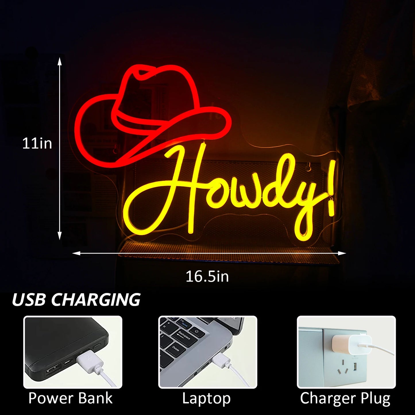 Cartel LED Sombrero de Vaquero Howdy 5V USB - Económico
