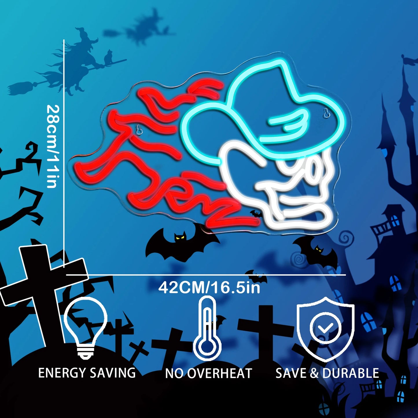 Καπέλο Καουμπόη με Κρανίο Φλόγας 5V USB Φωτεινή Επιγραφή LED - Οικονομική Επιλογή