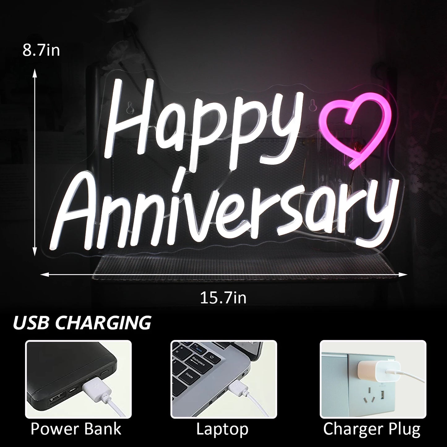 Cartel de neón LED USB 5V "Feliz Aniversario" - Económico