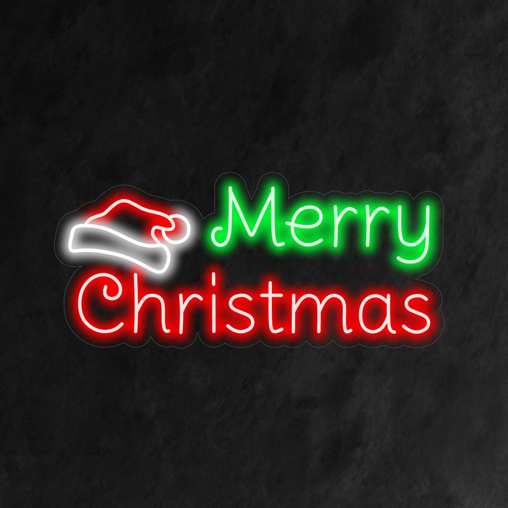 "Santa Claus Hat Merry Christmas Neoon Sign" on mänguline ja pidulik täiendus teie pühadeteemalisele interjöörile. Neoonvalgusti, millel on ikooniline jõuluvana müts.