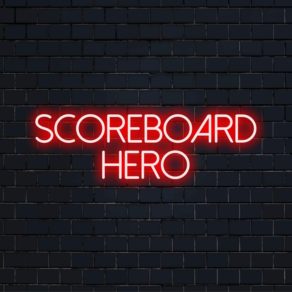 Scoreboard Hero ζωντανή προσαρμοσμένη πινακίδα νέον LED, ιδανική για τη βελτίωση των αιθουσών παιχνιδιών ή των χώρων με αθλητικά θέματα με δυναμικό φως νέον.