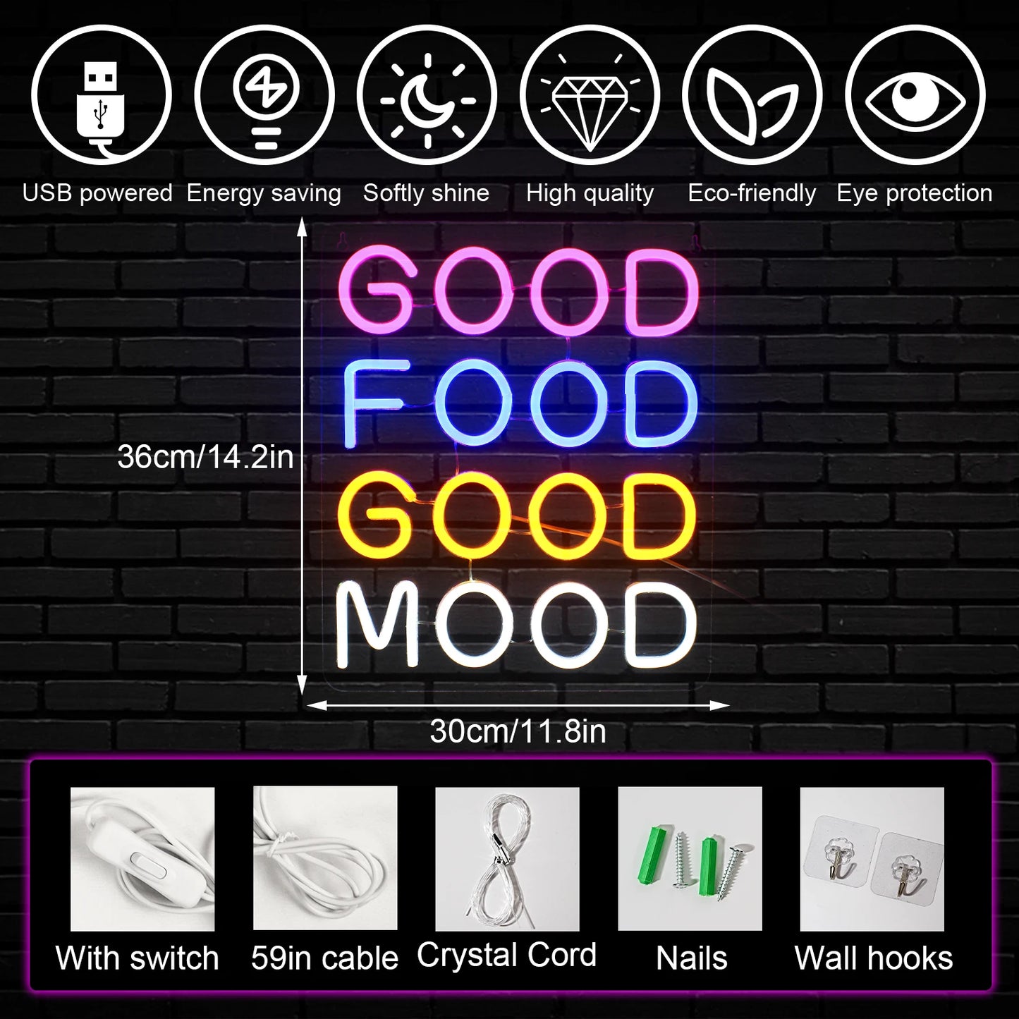 Good Food Good Mood 5V USB LED napis świetlny - W Przystępnej Cenie