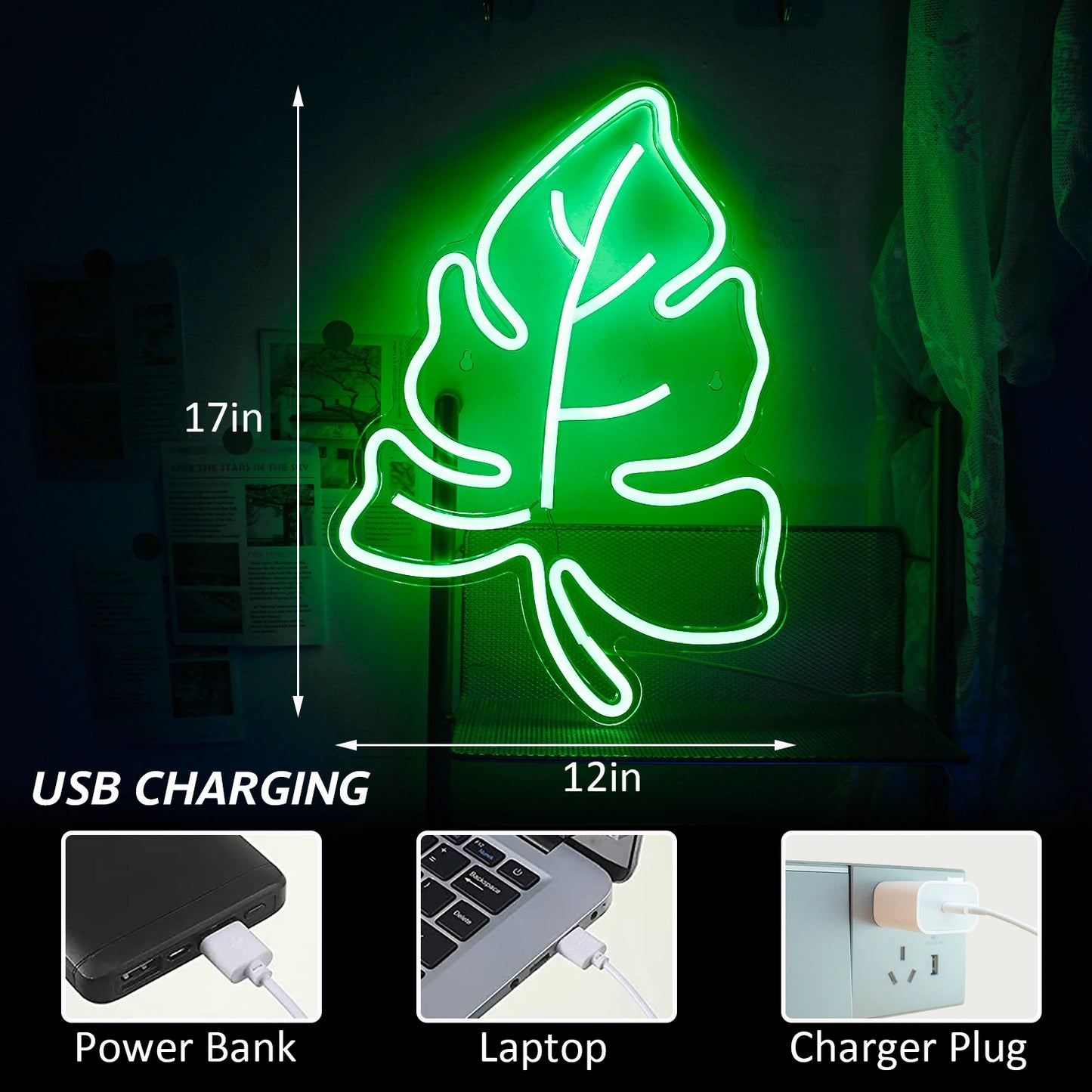 Enseigne LED Feuille Verte 5V USB - Économique