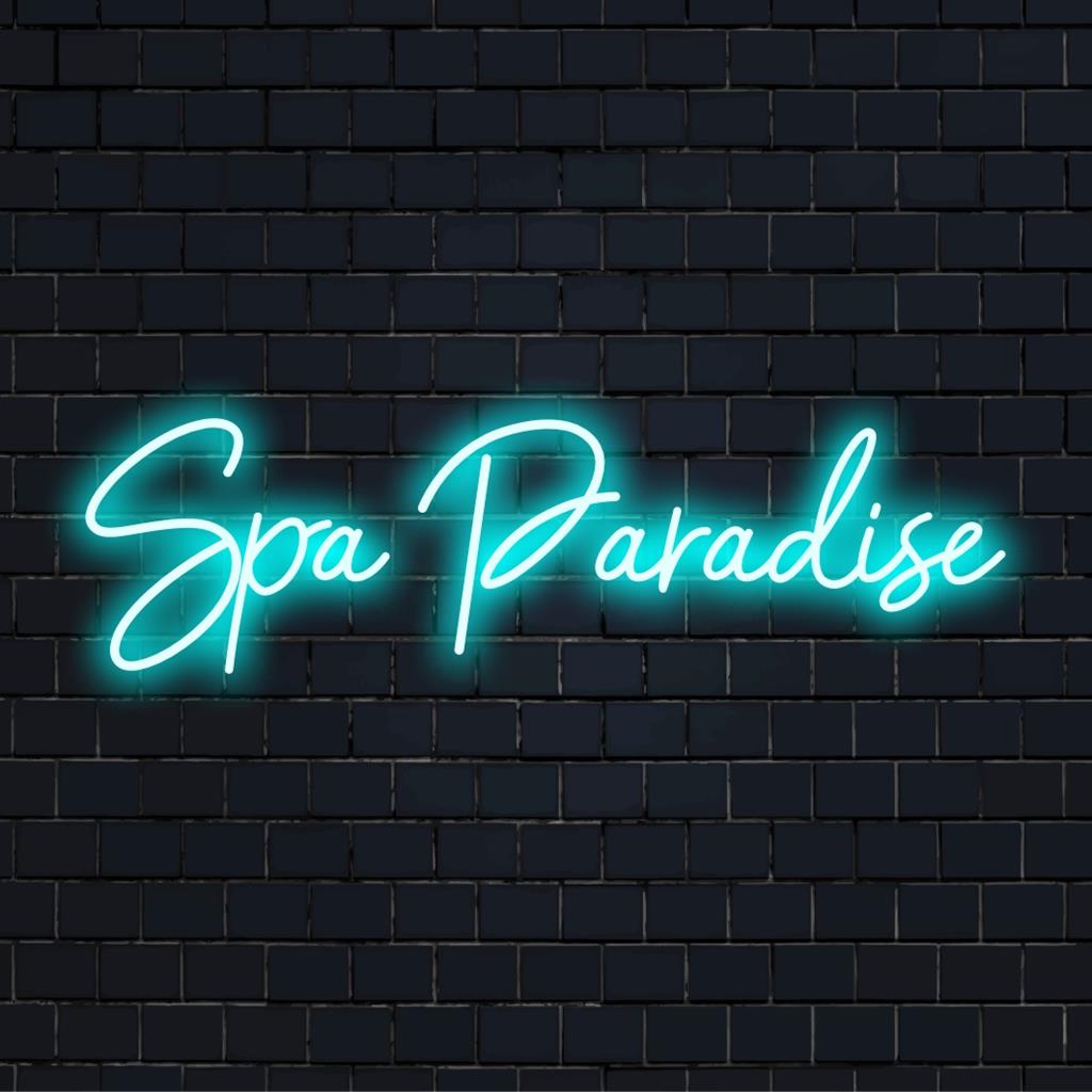 Vivace insegna al neon a LED personalizzata chiamata Spa Paradise, perfetta per impreziosire gli spazi relax con un'aura rilassante al neon.