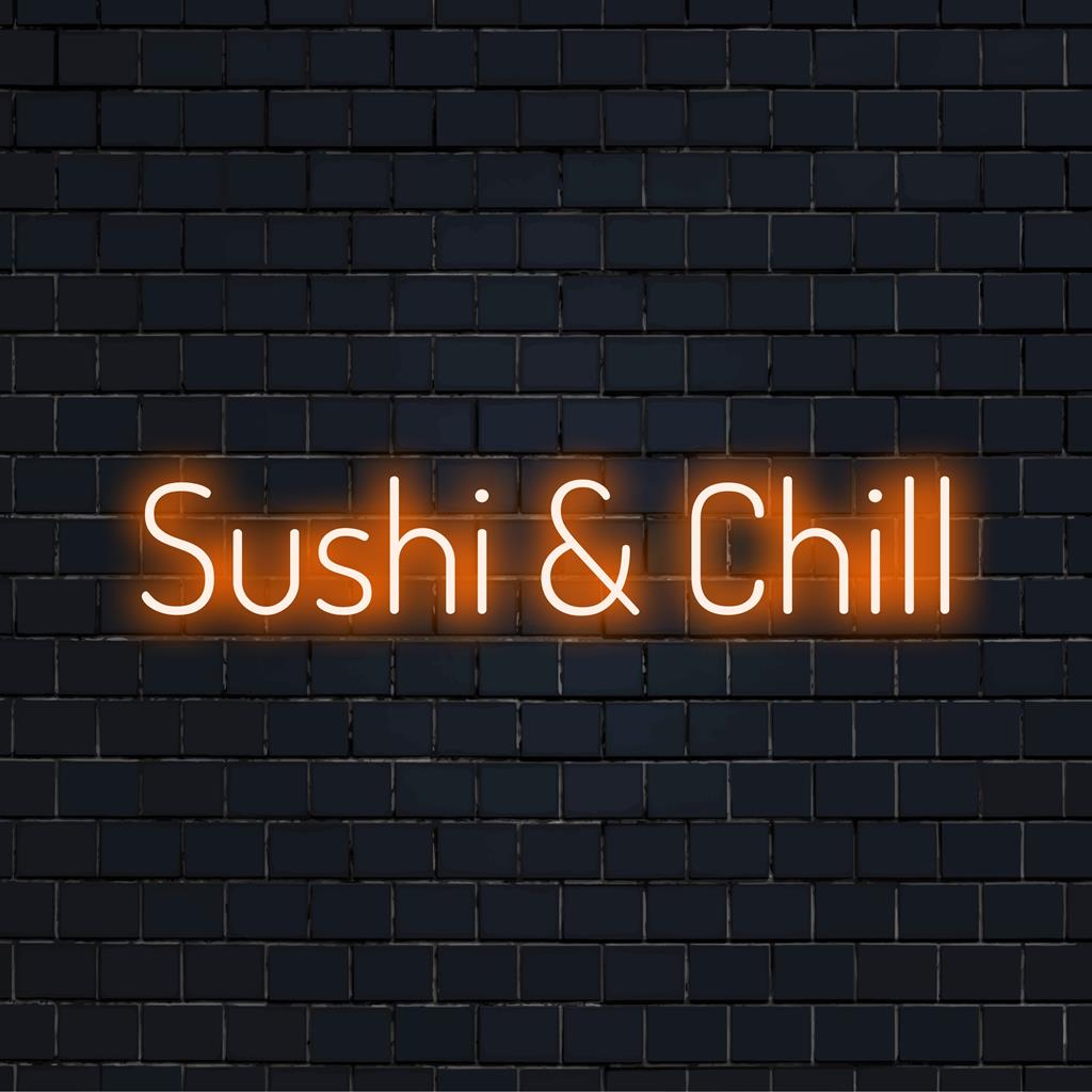 Semn cu neon cu LED personalizat care afișează Sushi și Chill, perfect pentru decorul casei cu neon unic sau pentru iluminatul ambiental elegant.