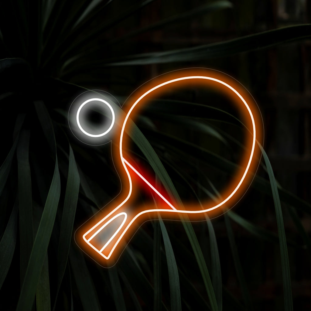 "Table Tennis Racket and Ball Neon Sign" adds a sporty vibe with its dynamic design, casting an energetic glow that celebrates the excitement of the game in your space.