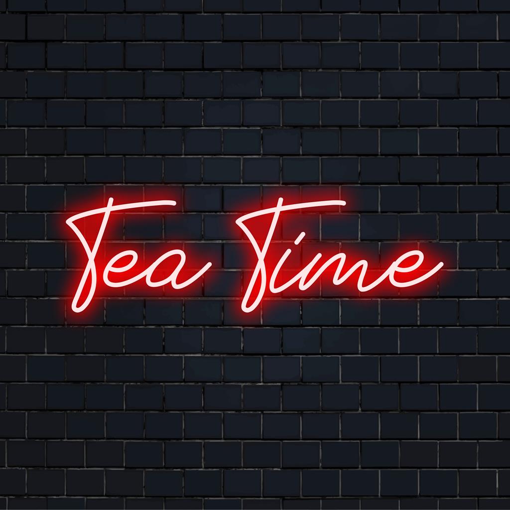 Πινακίδα νέον LED με φωτεινό κείμενο Tea Time, ιδανικό για ζεστή διακόσμηση. συνδυάζει τέχνη νέον και γραφικά στοιχεία.