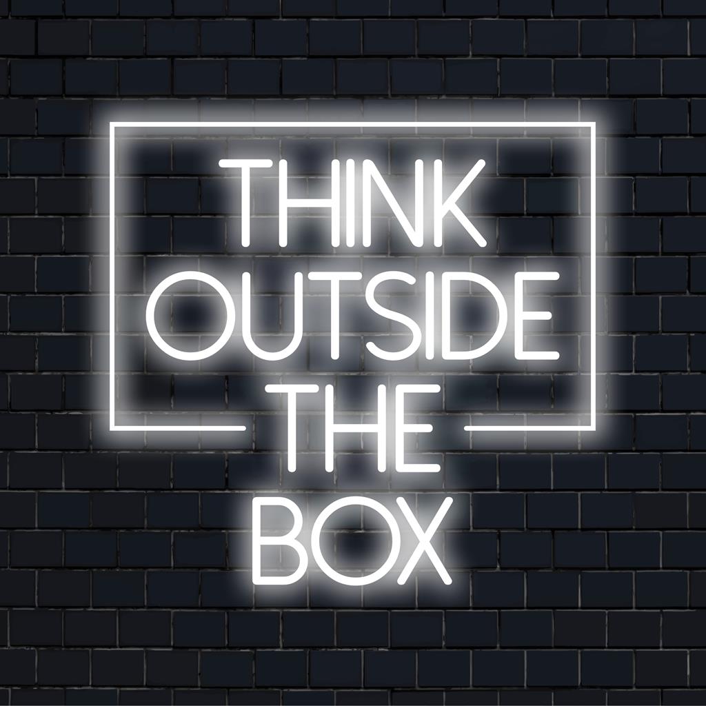 Think Outside The Box LED neon sign design features bold, vibrant lettering; ideal neon light decor for personalized neon text art.