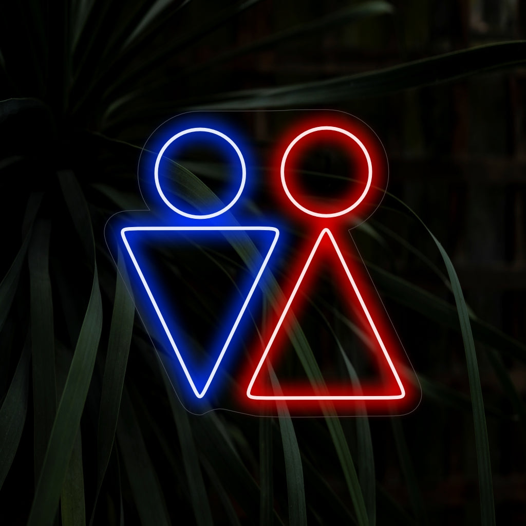 Το "Toilet Man And Woman Triangle Neon Sign" διαθέτει φωτεινά, καθολικά σύμβολα για εύκολη αναγνώριση της τουαλέτας.