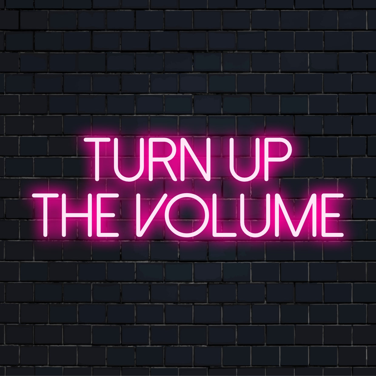 Vibrant LED neon sign reading Turn Up the Volume exuding charm and energy; ideal for dynamic, lively spaces.