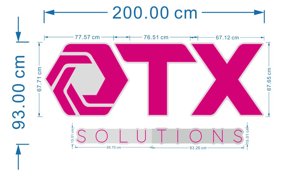 OTX Solutions – räätälöity neonkyltin tilaus (200 × 93 cm, UV-printti + neon, ulkokäyttöön)