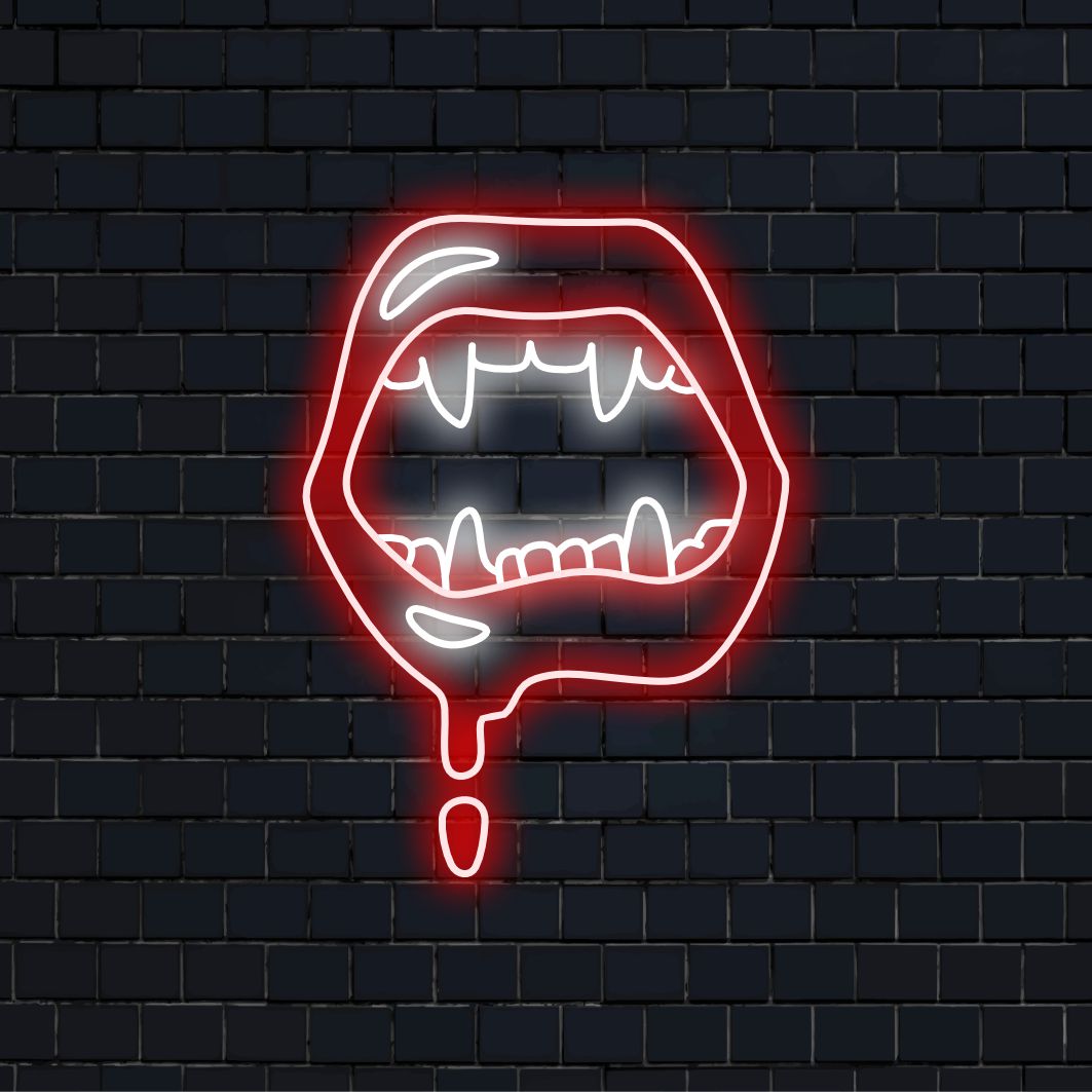 "Vampire Lips Neon Sign" with a sultry glow, creating an intriguing atmosphere of seduction and mystery.