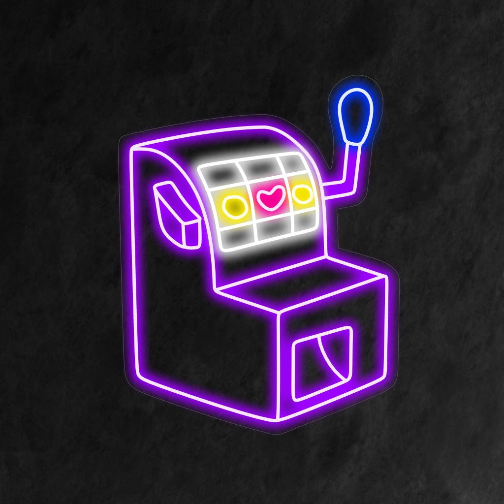 Světelný neonový nápis s klasickým vintage hracím automatem, ideální pro vytvoření atmosféry jako v kasinu a přidání retro šarmu do každého prostoru