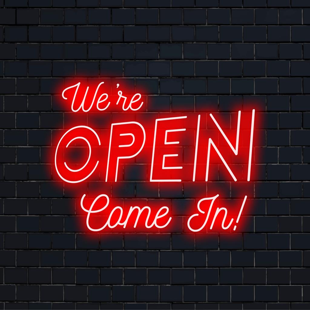 Colorful custom LED neon sign reading We're Open Come In! Ideal for shops, cafes, and more. Perfect neon decor accent.