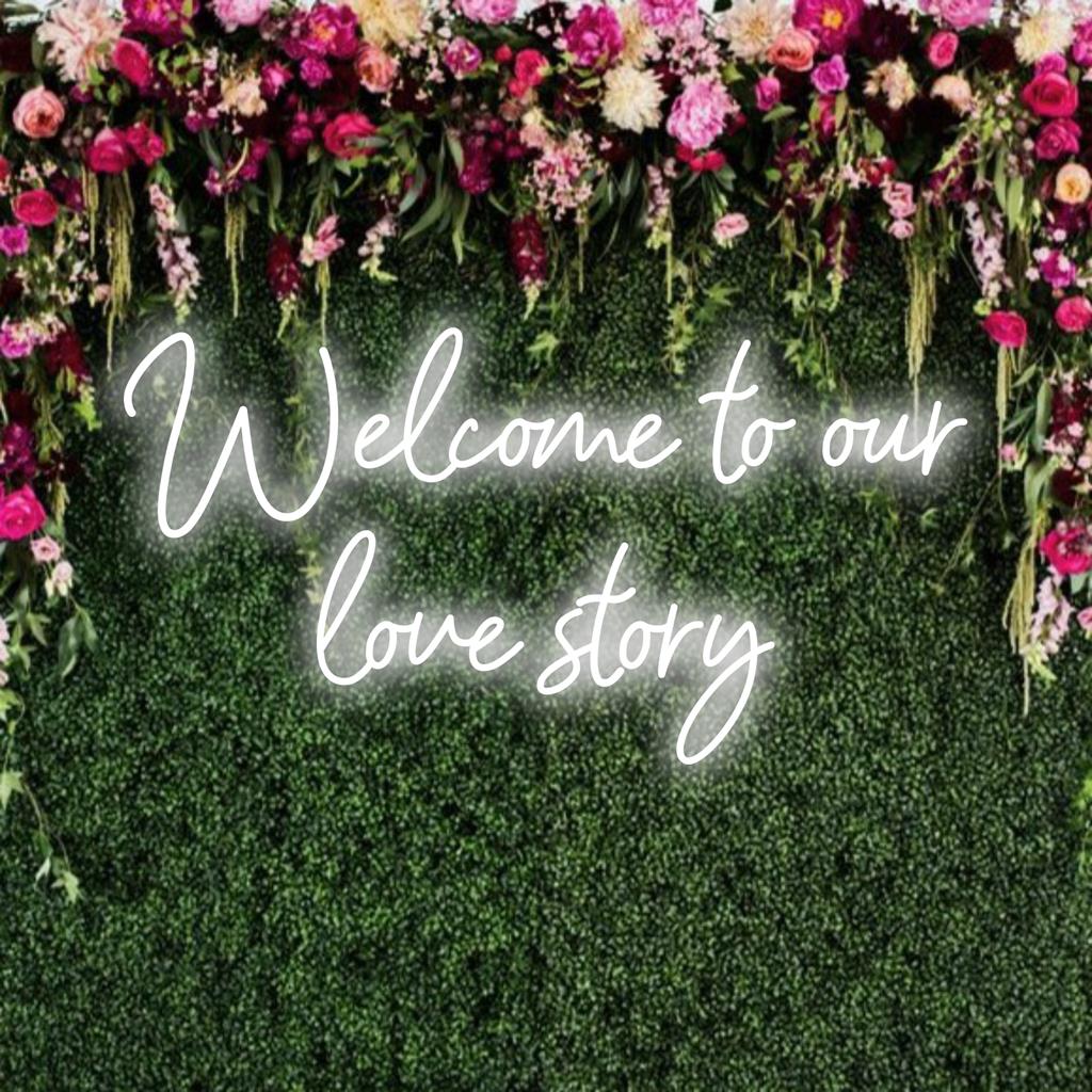Custom LED neon sign with the phrase Our Love Story aglow, perfect for personalized neon home decor.
