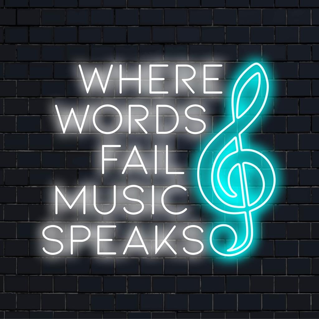 Valgustatud sõnum helendavates LED-tuledes: kus sõnad ebaõnnestuvad, muusika räägib. Kütkestav neoonmärk sügava ja väljendusrikka disainiga.