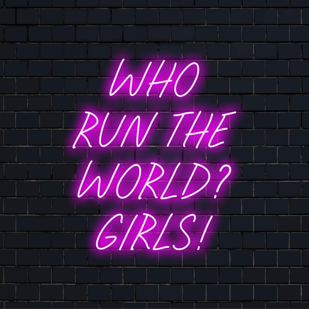 Vibrant neon sign with the phrase Who Run The World Girls! in bold lettering; perfect for empowering decor and ambiance.