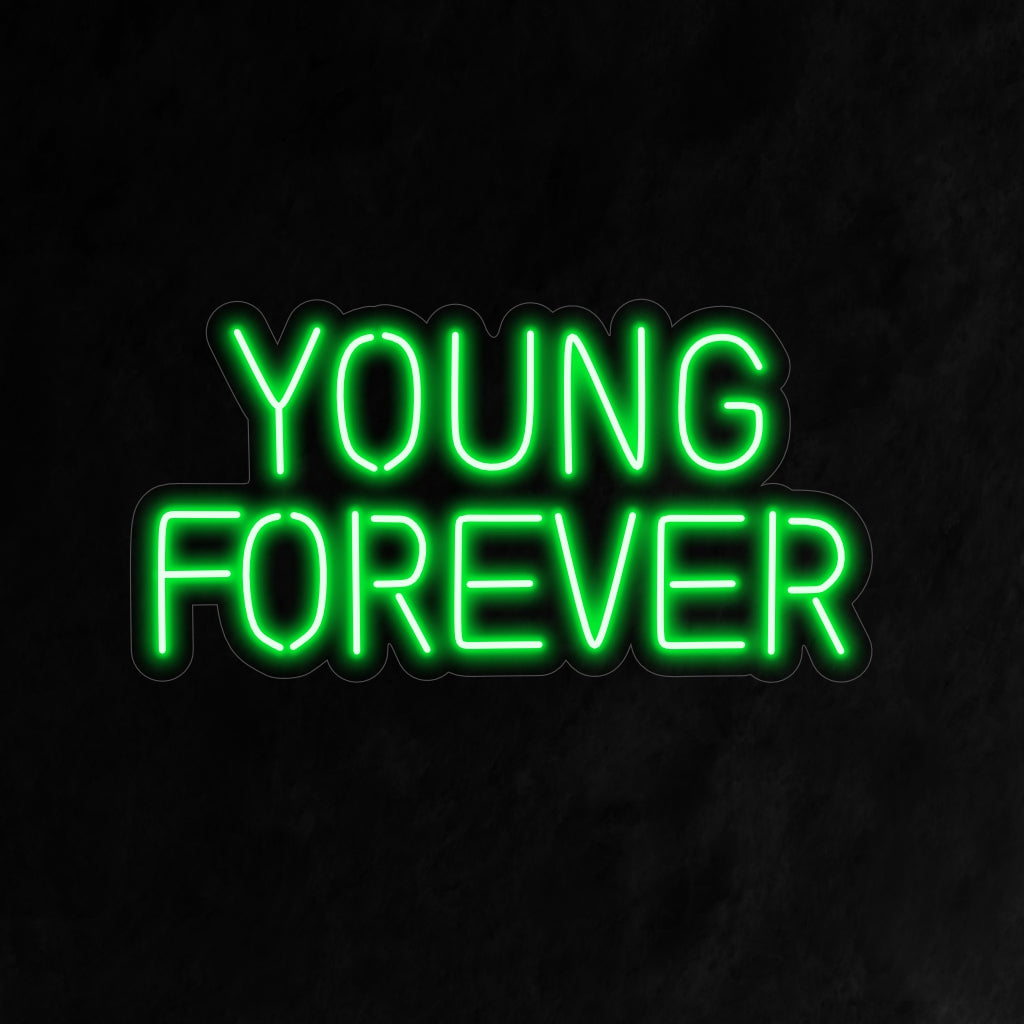 "Young Forever Neon Sign" odiše živim i bezbrižnim sjajem, stvarajući atmosferu koja slavi radost i duh vječno mladog boravka u vašem prostoru.
