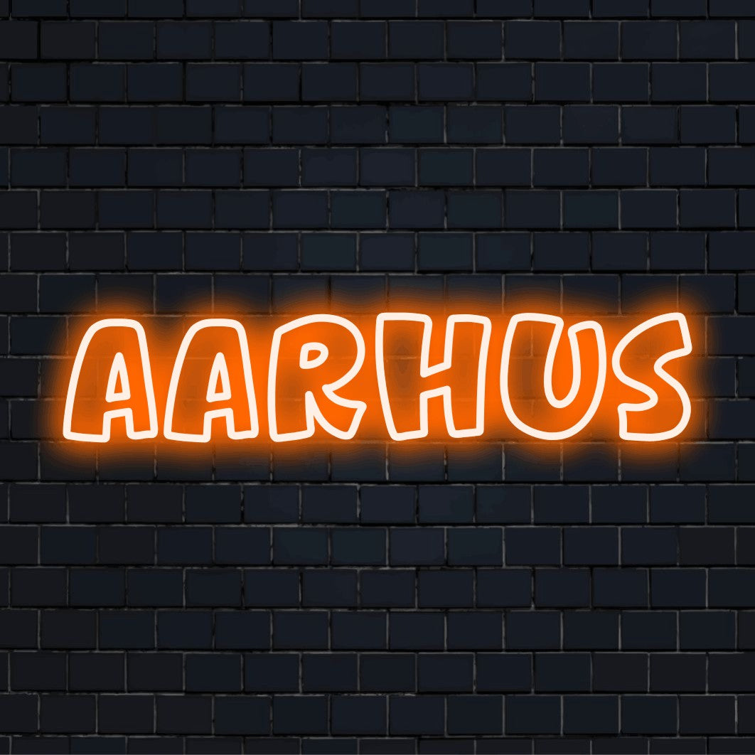 Aarhus LED Neon Sign, bright neon glow on dark brick background
