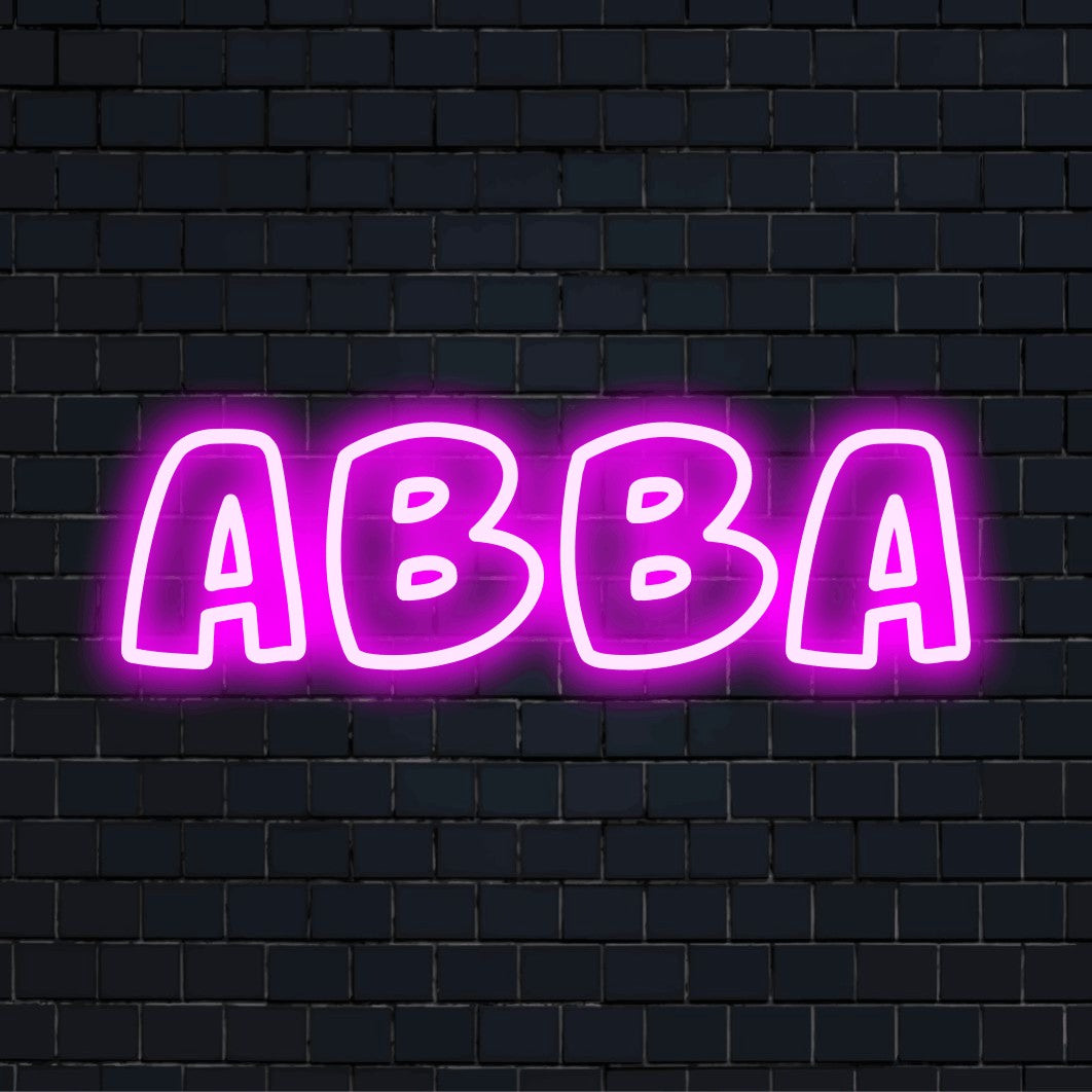 Abba Neon Light with soft neon glow against brick backdrop