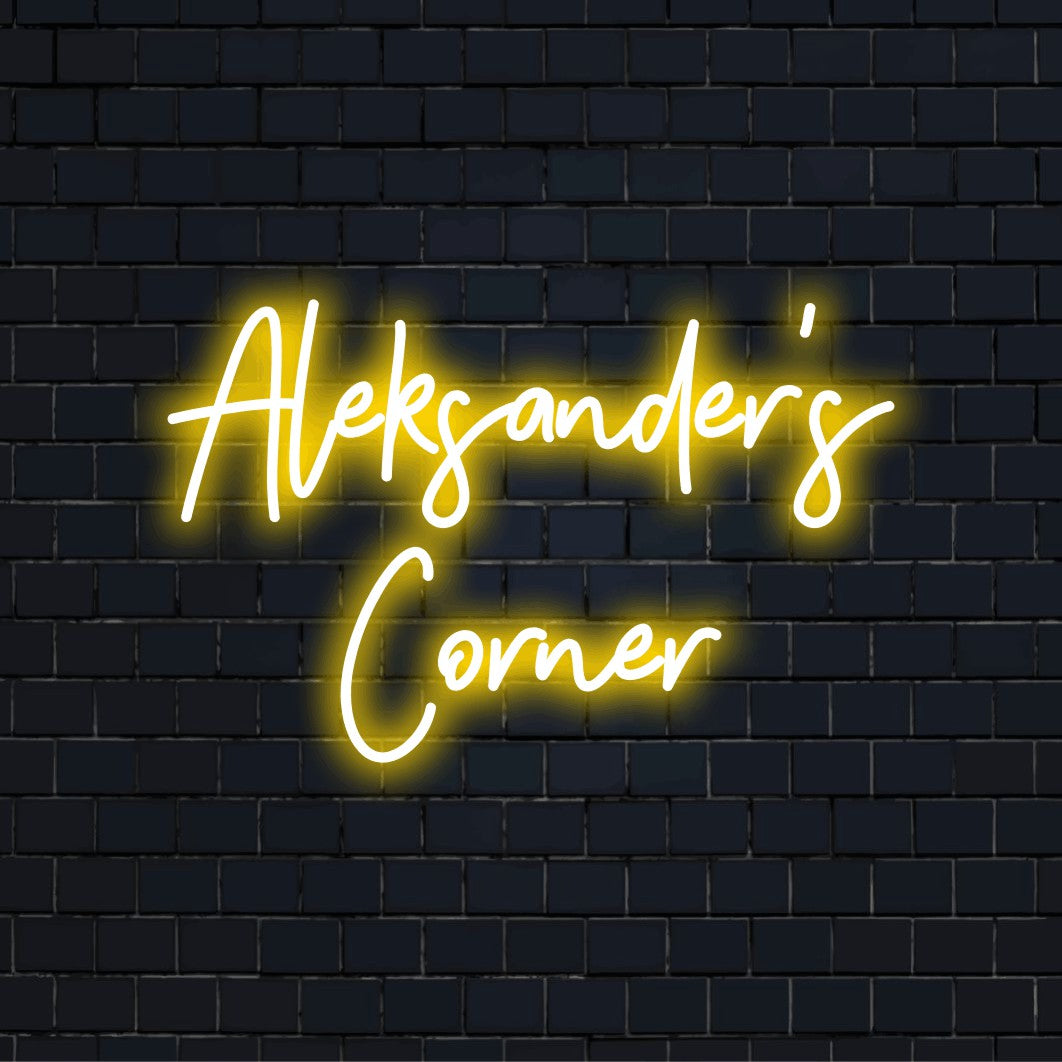 Aleksander_s Corner Custom Name Neon Sign, glowing neon text on black brick background