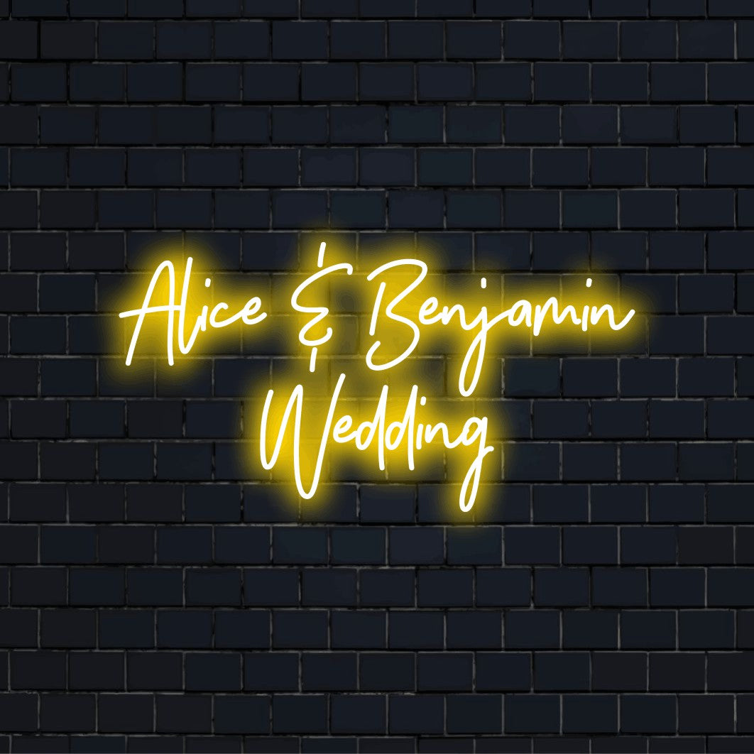 Alice _ Benjamin Wedding Personalized LED Neon Sign, neon text light on dark brick background