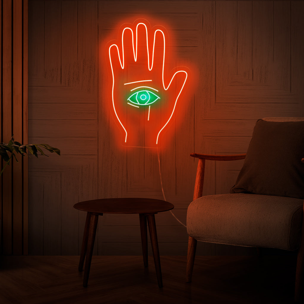 Handmade all-seeing eye on a palm neon sign, a mystic and spiritual symbol, perfect as light wall art.
