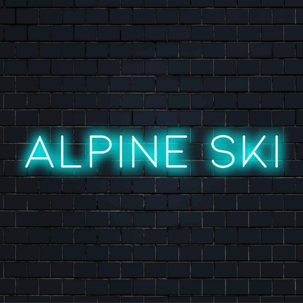 Alpine Ski LED Neon Sign, soft neon glow on dark brick background