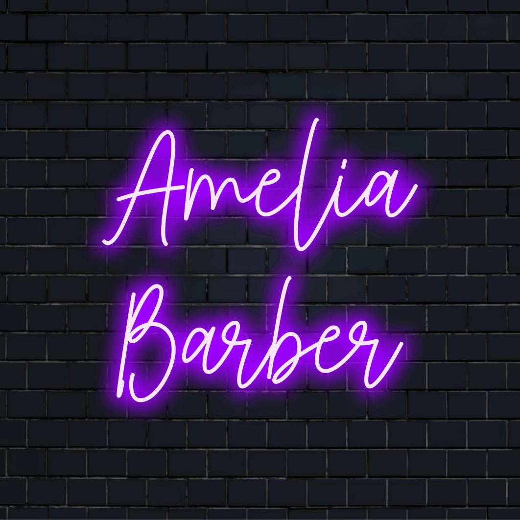 Amelia Barber Custom Name Neon Sign, bright neon lettering on dark brick wall
