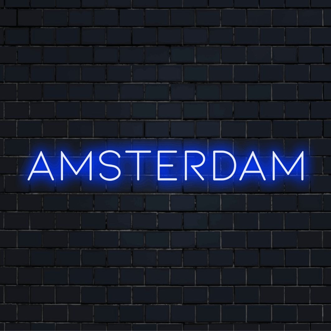 Amsterdam LED Neon Sign, bright neon lettering against black brick wall