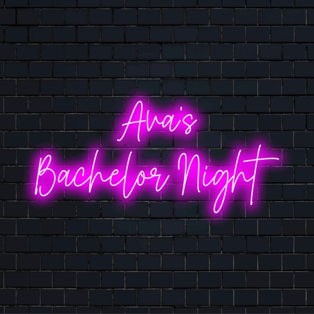 Ava_s Bachelor Night Personalized LED Neon Sign, glowing wall decor on black brick background