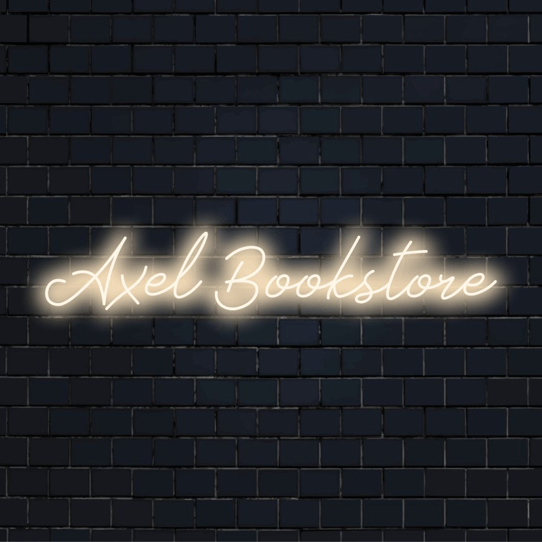 Axel Bookstore Personalized Neon Light with bright neon lettering on dark brick wall