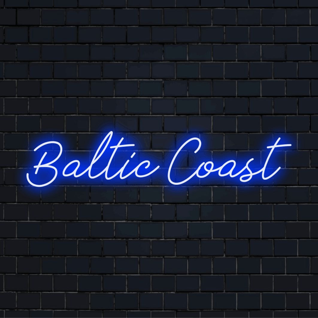 Baltic Coast LED Neon Sign, soft neon glow on dark brick wall