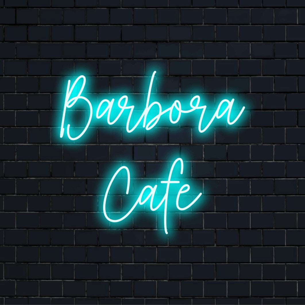 Barbora Cafe Custom Name Neon Sign, glowing wall decor on black brick background