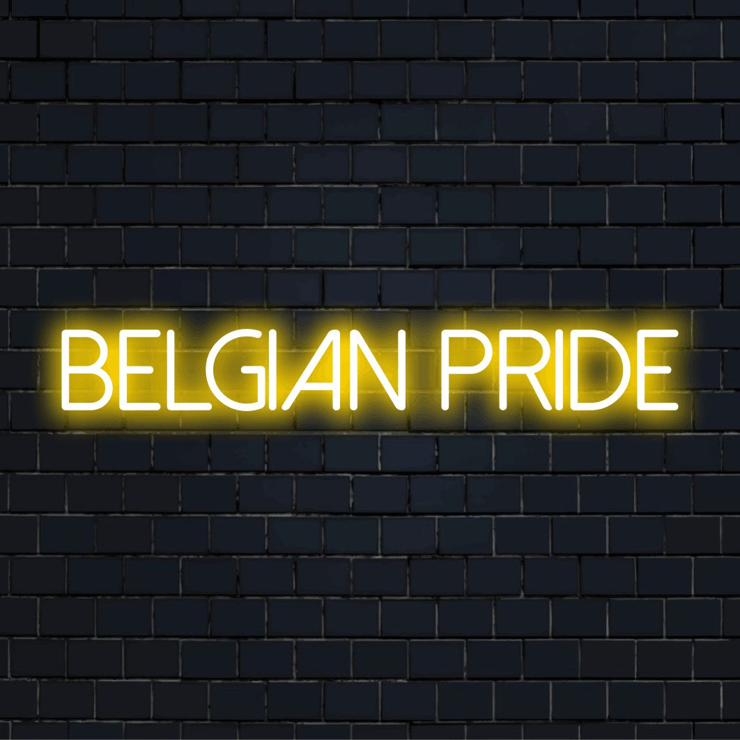 Belgian Pride Neon Light with glowing wall decor on dark brick background
