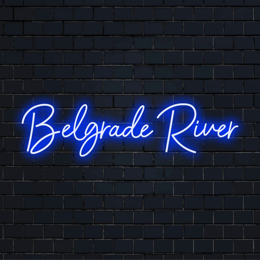 Belgrade River Neon Sign, soft neon glow against black brick wall