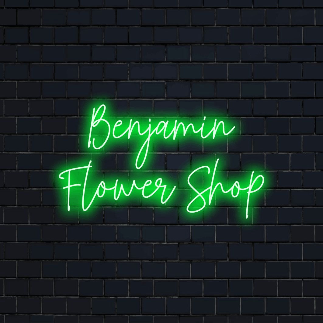 Benjamin Flower Shop Custom Name Neon Sign, bright neon lettering on dark brick background